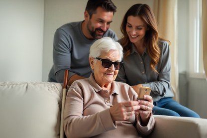 An elderly woman using a smartphone with two younger people sitting behind her on a couch.

